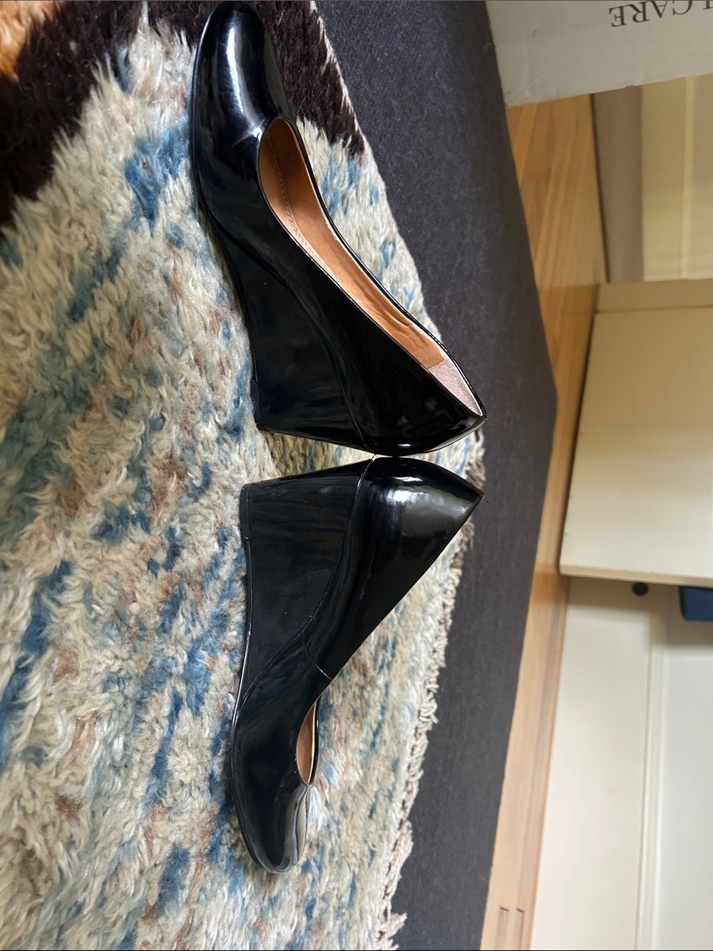 J. Crew Black Patent Wedge Pumps